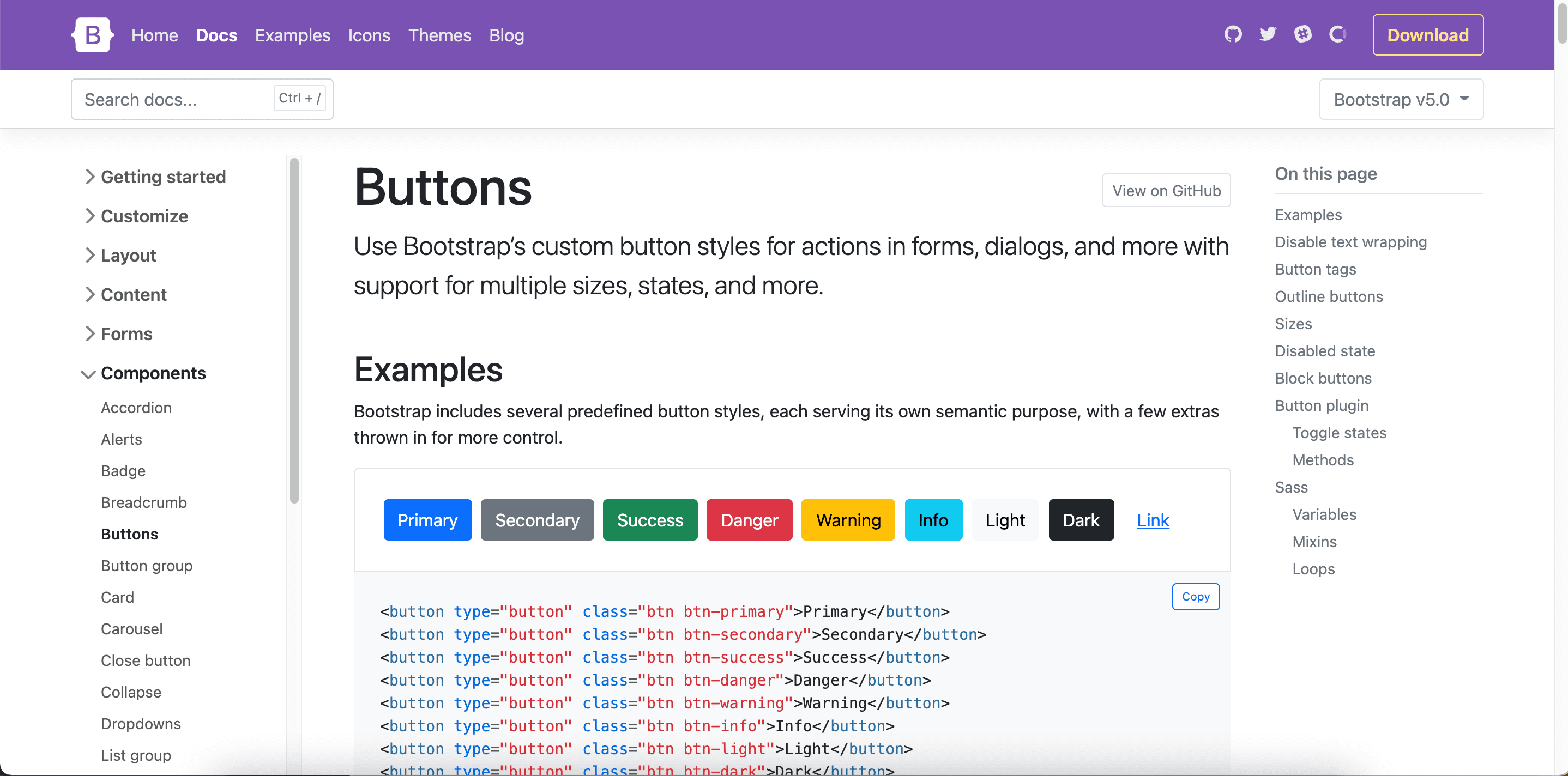 A screen capture of the documentation of Bootstrap 5’s Button component